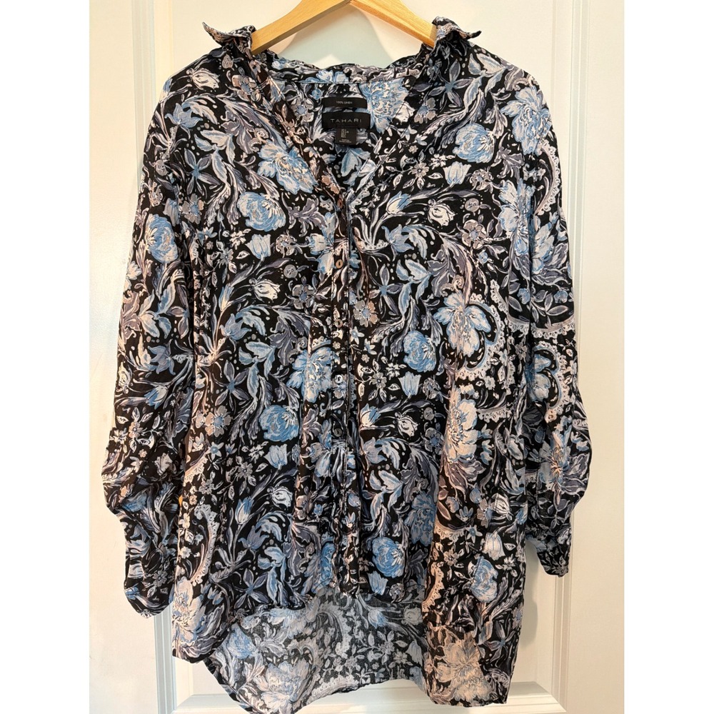 Tahari Women Blue Black Floral Paisley 100% Linen Button Down Shirt Large